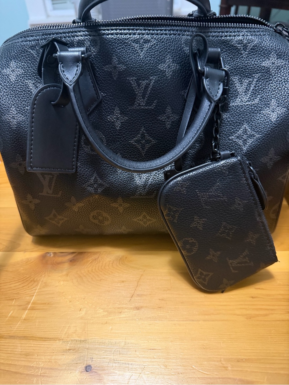 Designer-Inspired Black Monogram Leather Satchel with Removable Pouch - Picture 7 of 7